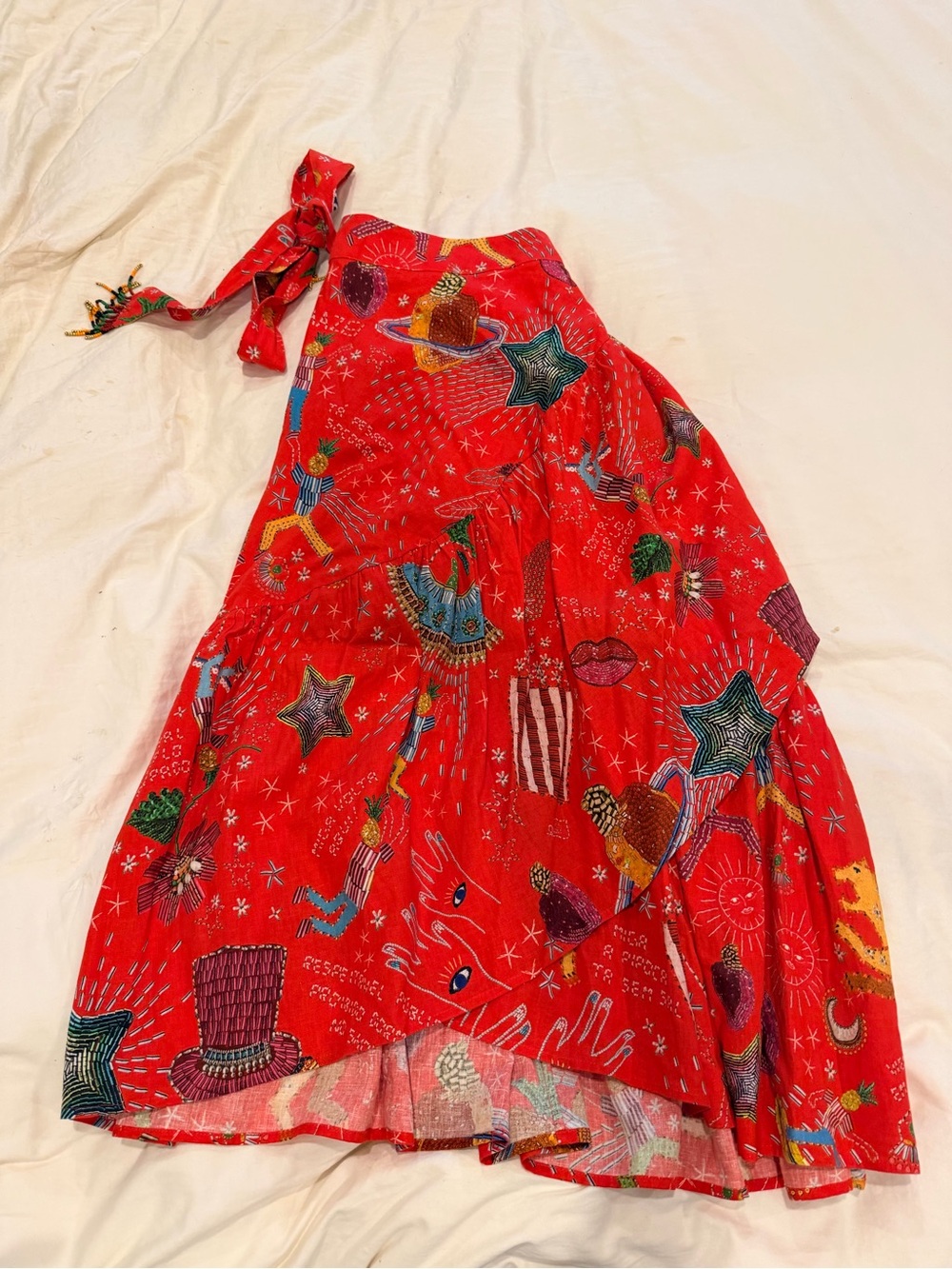 FARM Rio Red Whimsical Printed High-Low Wrap Skirt